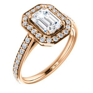 Cubic Zirconia Engagement Ring- The Margie Mae (Customizable Emerald Cut Halo-Style with Pavé Band)