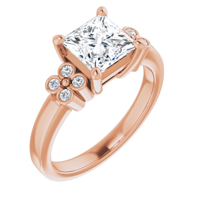 10K Rose Gold Customizable 9-stone Design with Princess/Square Cut Center and Complementary Quad Bezel-Accent Sets