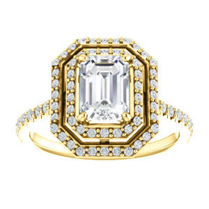 Cubic Zirconia Engagement Ring- The Alisa (Customizable Emerald Cut with Geometric Double Halo)