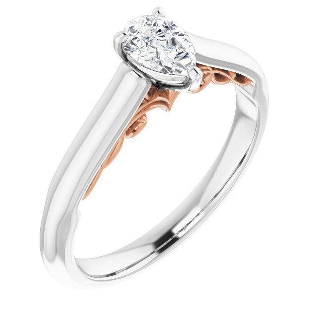 14K White & Rose Gold Customizable Pear Cut Cathedral Solitaire with Two-Tone Option Decorative Trellis 'Down Under'