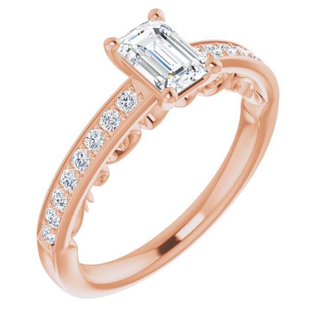 10K Rose Gold Customizable Emerald/Radiant Cut Design featuring 3-Sided Infinity Trellis and Round-Channel Accented Band