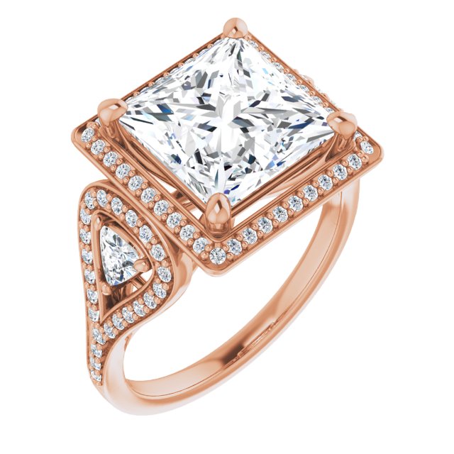 10K Rose Gold Customizable Cathedral-set Princess/Square Cut Design with 2 Trillion Cut Accents, Halo and Split-Shared Prong Band