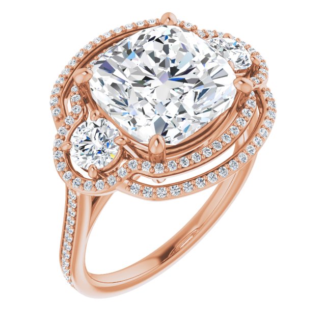 10K Rose Gold Customizable Enhanced 3-stone Double-Halo Style with Cushion Cut Center and Thin Band