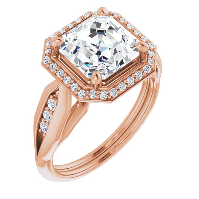 10K Rose Gold Customizable Cathedral-raised Asscher Cut Design with Halo and Tri-Cluster Band Accents