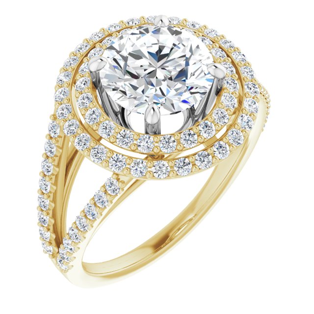 14K Yellow & White Gold Customizable Round Cut Design with Double Halo and Wide Split-Pavé Band