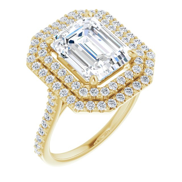 10K Yellow Gold Customizable Double-Halo Emerald/Radiant Cut Design with Accented Split Band