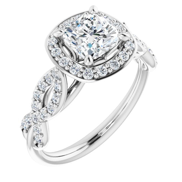 10K White Gold Customizable Cathedral-Halo Cushion Cut Design with Artisan Infinity-inspired Twisting Pavé Band