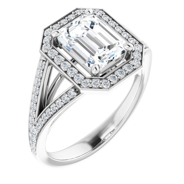 Cubic Zirconia Engagement Ring- The Heather Erin (Customizable Cathedral-Halo Emerald Cut Style featuring Split-Shared Prong Band)