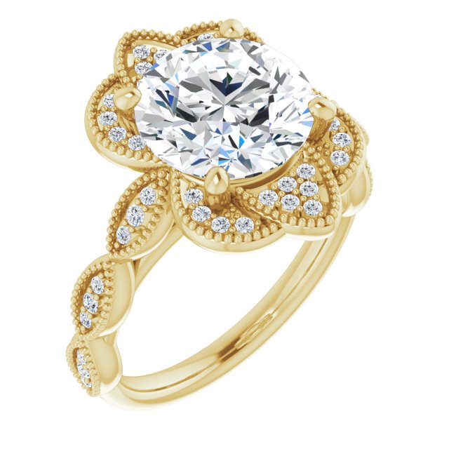 10K Yellow Gold Customizable Cathedral-style Round Cut Design with Floral Segmented Halo & Milgrain+Accents Band