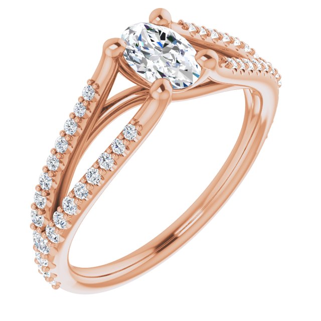 10K Rose Gold Customizable Cathedral-raised Oval Cut Center with Exquisite Accented Split-band