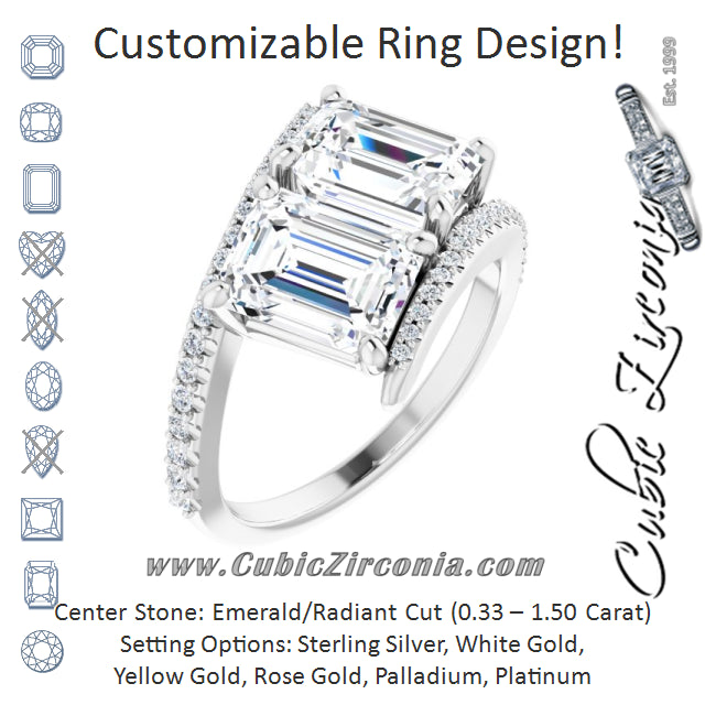 Cubic Zirconia Engagement Ring- The Nellie (Customizable Double Emerald Cut 2-stone Design with Ultra-thin Bypass Band and Pavé Enhancement)