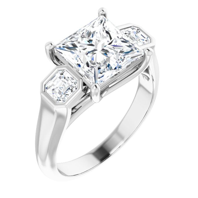 10K White Gold Customizable 3-stone Cathedral Princess/Square Cut Design with Twin Asscher Cut Side Stones