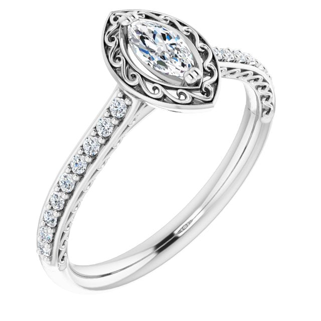 10K White Gold Customizable Marquise Cut Halo Design with Filigree and Accented Band