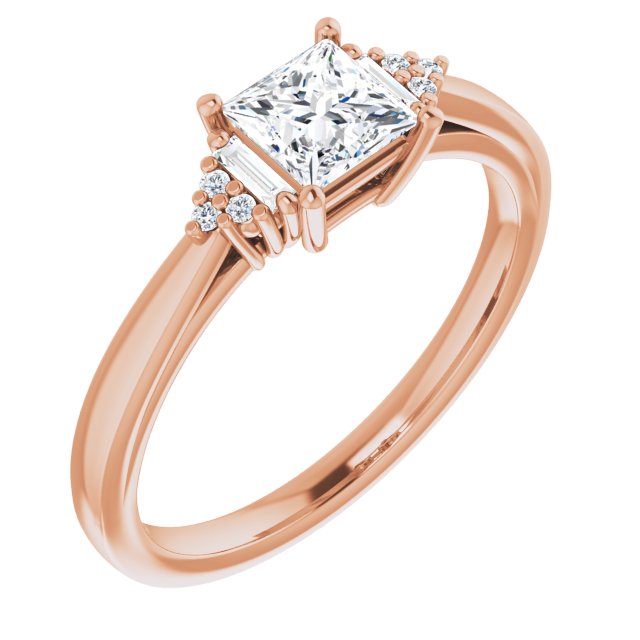 10K Rose Gold Customizable 9-stone Design with Princess/Square Cut Center, Side Baguettes and Tri-Cluster Round Accents