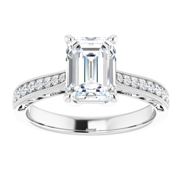 Cubic Zirconia Engagement Ring- The Lina (Customizable Emerald Cut Design with Round Band Accents and Three-sided Filigree Engraving)