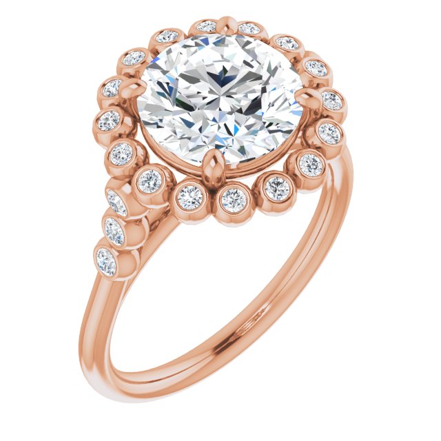 10K Rose Gold Customizable Round Cut Cathedral-Style Clustered Halo Design with Round Bezel Accents