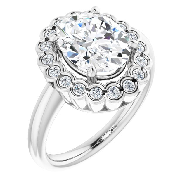 10K White Gold Customizable 13-stone Oval Cut Design with Floral-Halo Round Bezel Accents