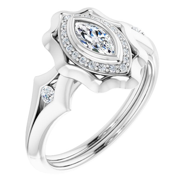 10K White Gold Customizable Bezel-set Marquise Cut with Halo & Oversized Floral Design