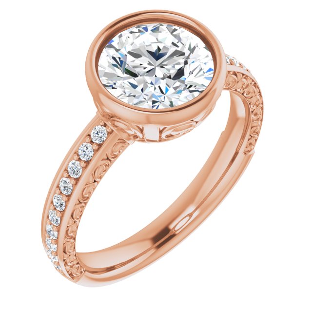 18K Rose Gold Customizable Bezel-set Round Cut Design with Cloud-pattern Band & Semi-Eternity Accents