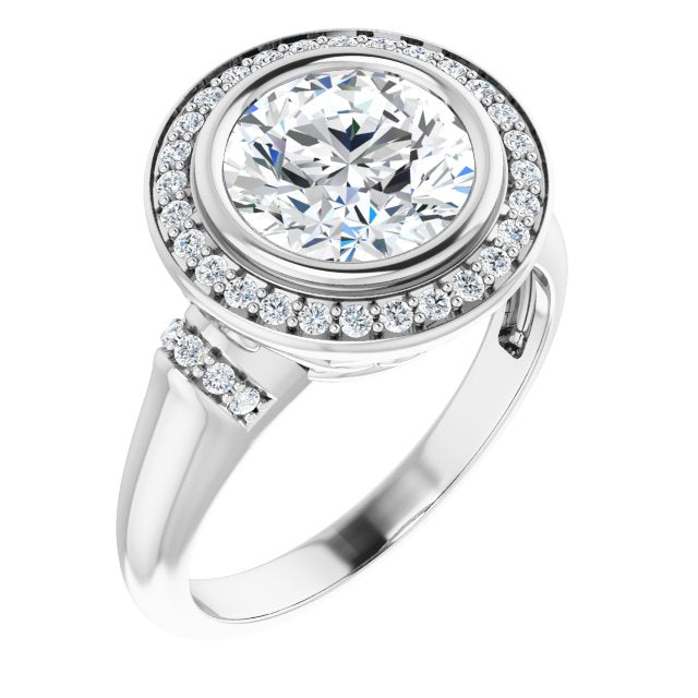 14K White Gold Customizable Bezel-set Round Cut Design with Halo and Vertical Round Channel Accents