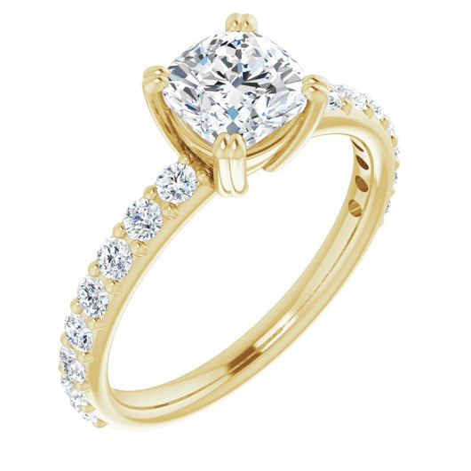 10K Yellow Gold Customizable Cushion Cut Design with Large Round Cut 3/4 Band Accents