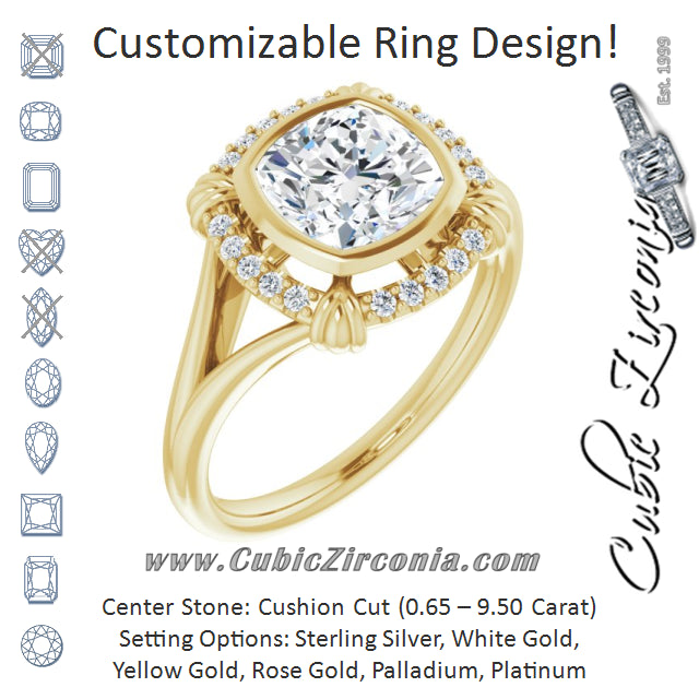 Cubic Zirconia Engagement Ring- The Leontine (Customizable Cushion Cut Design with Split Band and "Lion's Mane" Halo)