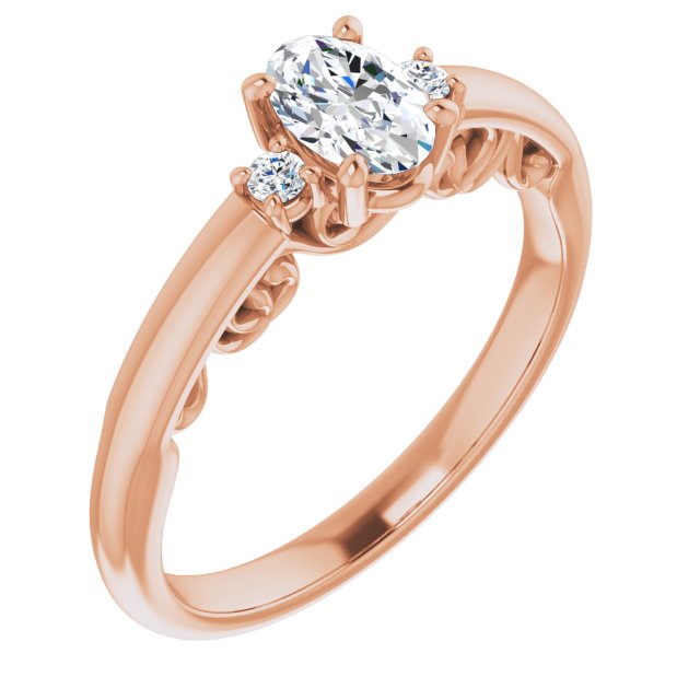 10K Rose Gold Customizable Oval Cut 3-stone Style featuring Heart-Motif Band Enhancement