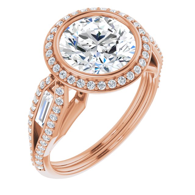 14K Rose Gold Customizable Cathedral-Bezel Round Cut Design with Halo, Split-Pavé Band & Channel Baguettes
