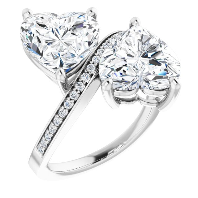 10K White Gold Customizable 2-stone Heart Cut Bypass Design with Thin Twisting Shared Prong Band