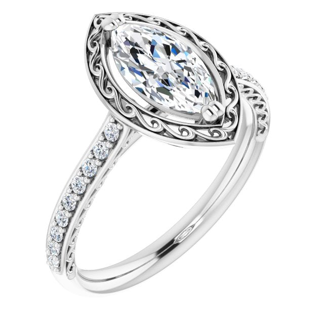 10K White Gold Customizable Marquise Cut Halo Design with Filigree and Accented Band