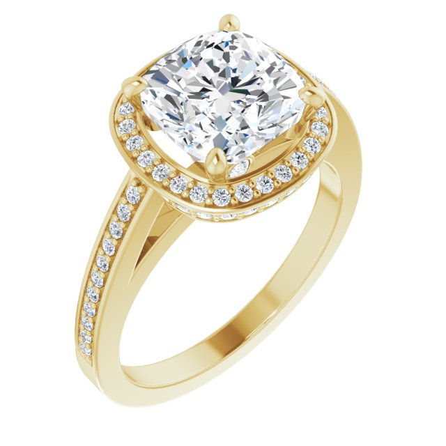 10K Yellow Gold Customizable Cathedral-set Cushion Cut Design with Halo, Thin Pavé Band & Round-Bezel Peekaboos