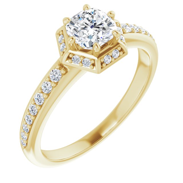 10K Yellow Gold Customizable Cushion Cut Design with Geometric Under-Halo and Shared Prong Band
