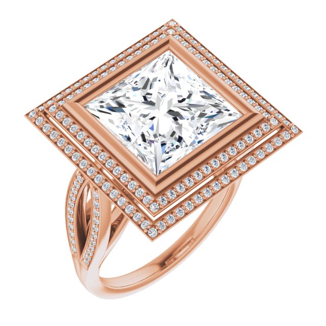 10K Rose Gold Customizable Bezel-set Princess/Square Cut Style with Double Halo and Split Shared Prong Band