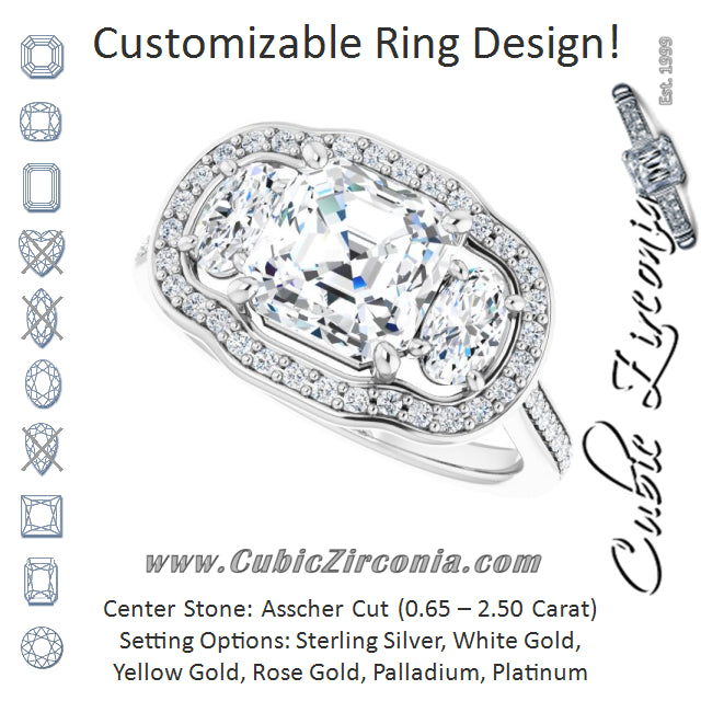Cubic Zirconia Engagement Ring- The Dulce (Customizable Asscher Cut Style with Oval Cut Accents, 3-stone Halo & Thin Shared Prong Band)