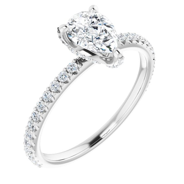 10K White Gold Customizable Pear Cut Design with Round-Accented Band, Micropav? Under-Halo and Decorative Prong Accents)