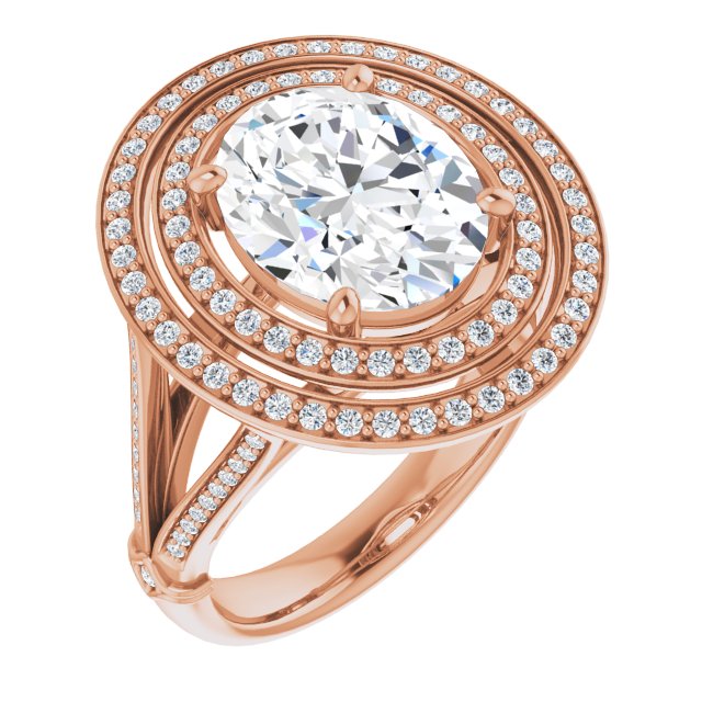 10K Rose Gold Customizable Cathedral-set Oval Cut Design with Double Halo, Wide Split-Shared Prong Band and Side Knuckle Accents
