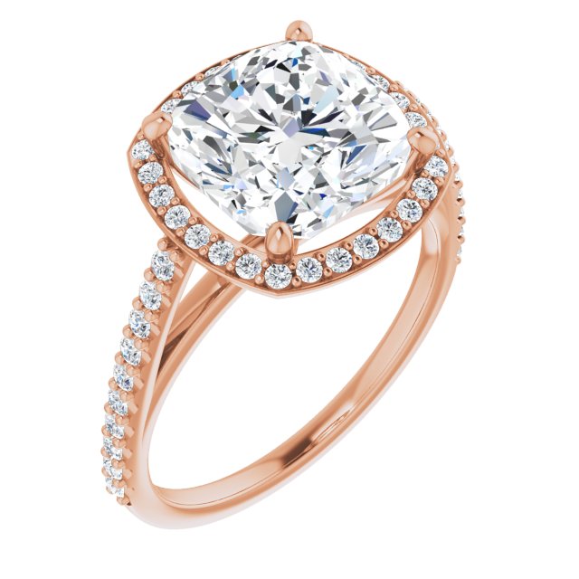 10K Rose Gold Customizable Cushion Cut Design with Halo and Thin Pavé Band