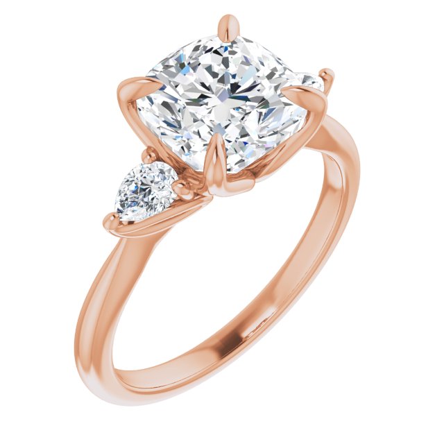 10K Rose Gold Customizable 3-stone Design with Cushion Cut Center and Dual Large Pear Side Stones