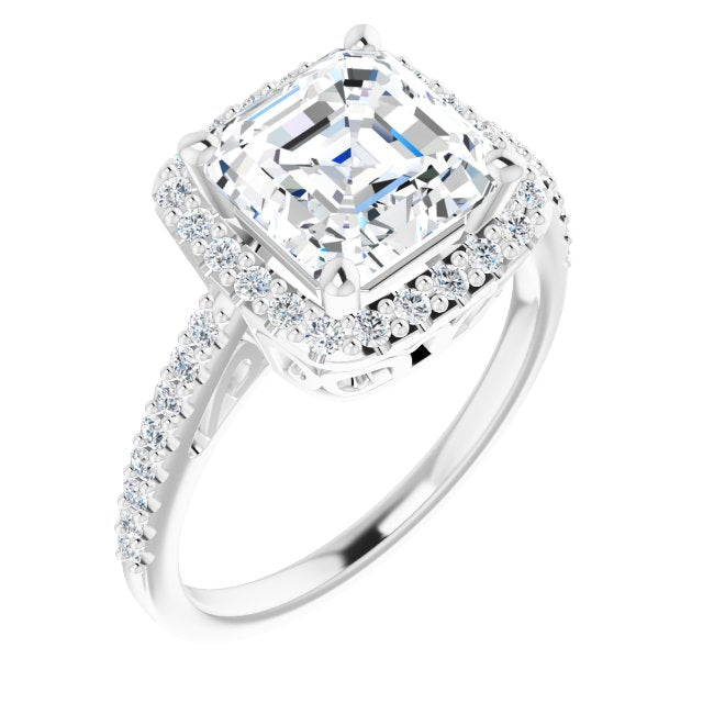 10K White Gold Customizable Cathedral-Crown Asscher Cut Design with Halo and Accented Band