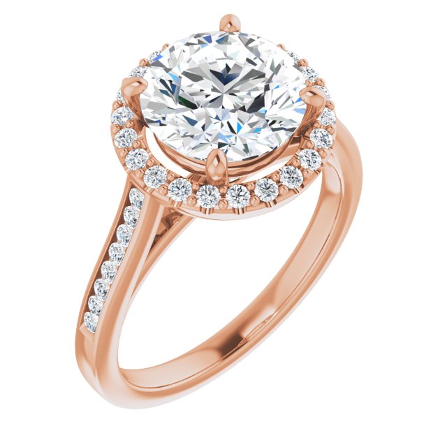 14K Rose Gold Customizable Round Cut Design with Halo, Round Channel Band and Floating Peekaboo Accents