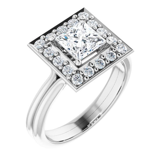 10K White Gold Customizable Cluster-Halo Accented Princess/Square Cut Style with Tapered Dual Band