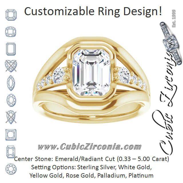 Cubic Zirconia Engagement Ring- The Naira (Customizable 9-stone Radiant Cut Design with Bezel Center, Wide Band and Round Prong Side Stones)