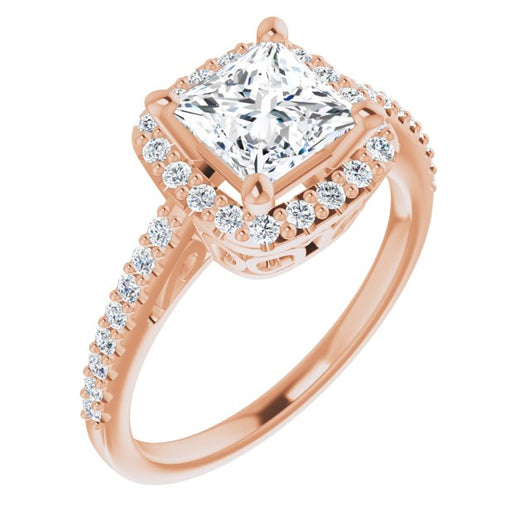 10K Rose Gold Customizable Cathedral-Crown Princess/Square Cut Design with Halo and Accented Band