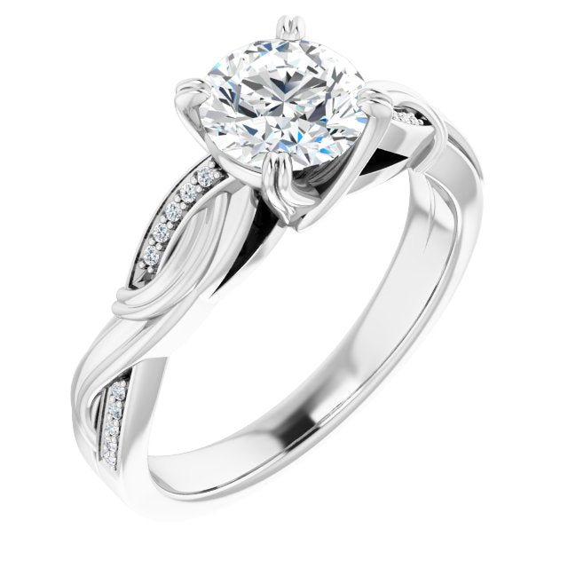 10K White Gold Customizable Cathedral-raised Round Cut Design featuring Rope-Braided Half-Pavé Band