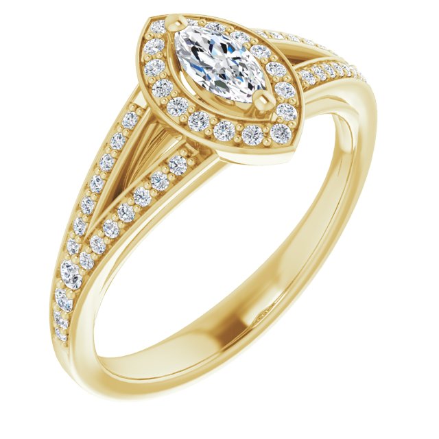 10K Yellow Gold Customizable Cathedral-Halo Marquise Cut Style featuring Split-Shared Prong Band