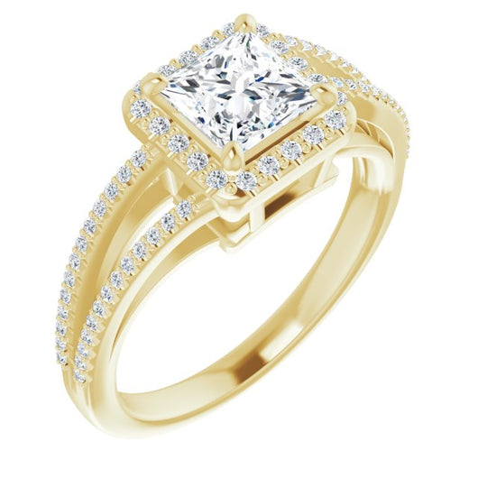 10K Yellow Gold Customizable Princess/Square Cut Vintage Design with Halo Style and Asymmetrical Split-Pavé Band