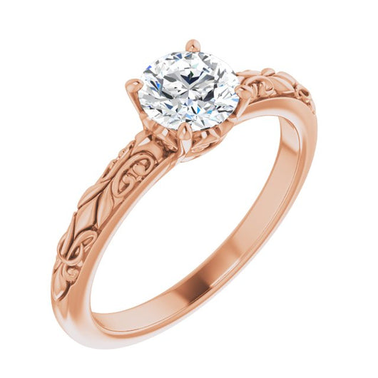 10K Rose Gold Customizable Round Cut Solitaire featuring Delicate Metal Scrollwork