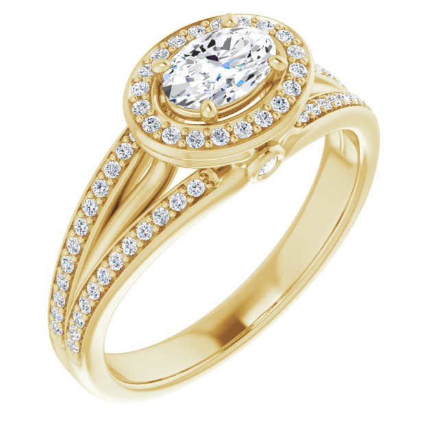 10K Yellow Gold Customizable High-set Oval Cut Design with Halo, Wide Tri-Split Shared Prong Band and Round Bezel Peekaboo Accents