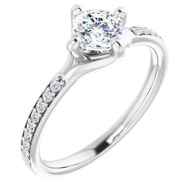 10K White Gold Customizable Cushion Cut Design featuring Thin Band and Shared-Prong Round Accents