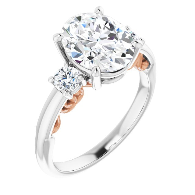 14K White & Rose Gold Customizable Oval Cut 3-stone Style featuring Heart-Motif Band Enhancement